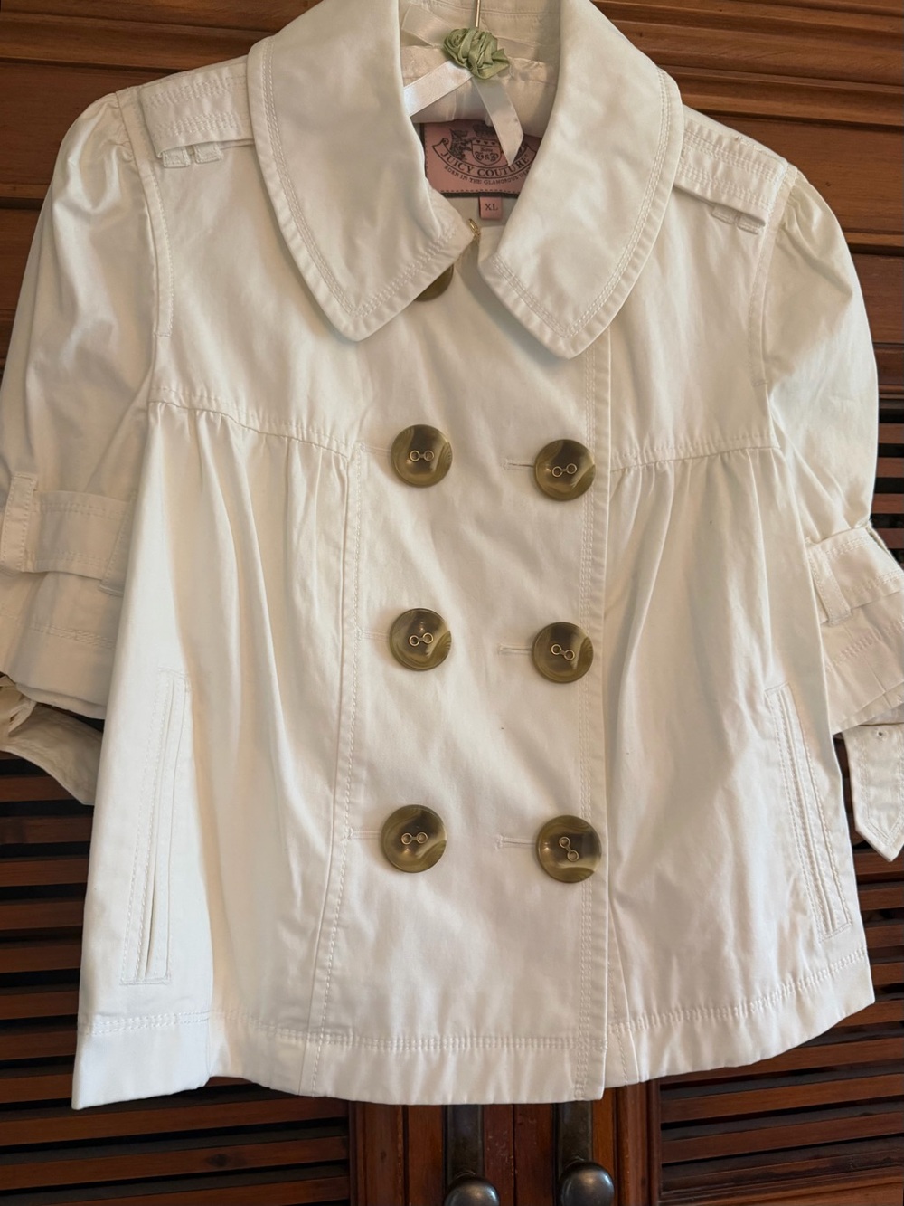 Juicy Couture Ivory Double-Breasted Cotton Pea Coat with Tortoiseshell Buttons